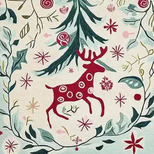Charming hand-tufted area rug featuring a red reindeer with white spots amidst festive foliage and stars, perfect for adding a whimsical touch to your living room. This wool rug is ideal for those seeking unique rugs for living room spaces, especially in an 8x10 size.