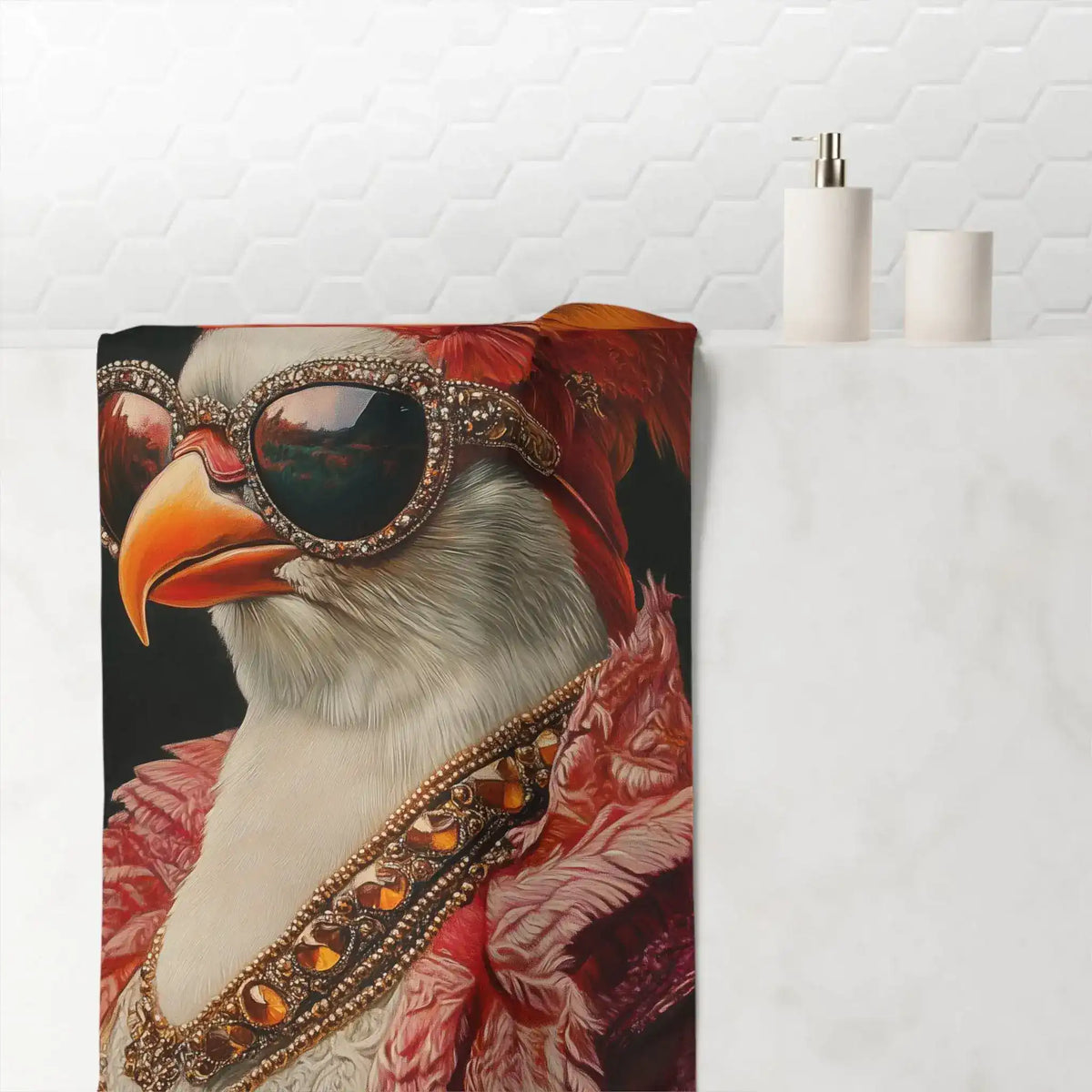 Abstract side-profile silhouette with colorful geometric patterns and pink teal hand shapes inside head on gold background, Renaissance Bird in Couture Bath Towel flat art