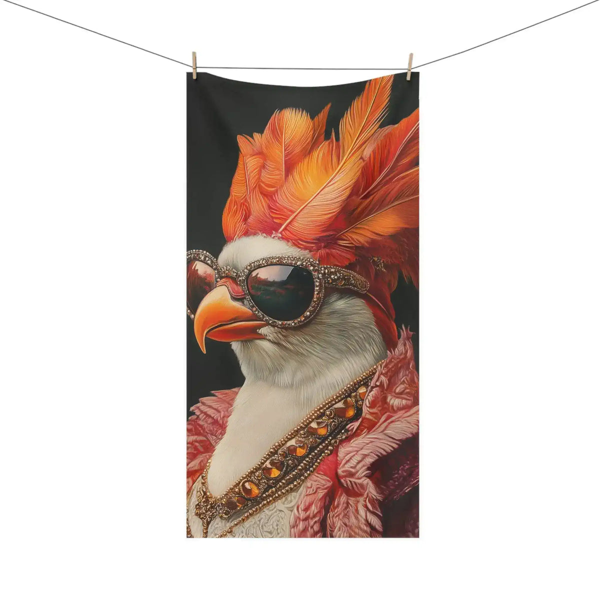 Renaissance Bird in Couture Bath Towel corner folded to reveal grey reverse side showing ornate feather and jewel print texture
