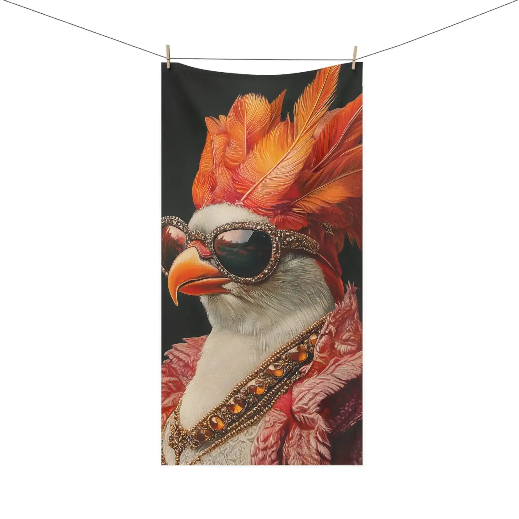 Renaissance Bird in Couture Bath Towel corner folded to reveal grey reverse side showing ornate feather and jewel print texture