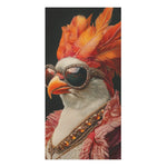 White bird with orange feathered crown wearing gem-encrusted sunglasses and jeweled necklace in ornate lace collar, Renaissance Bird in Couture Bath Towel, dark background