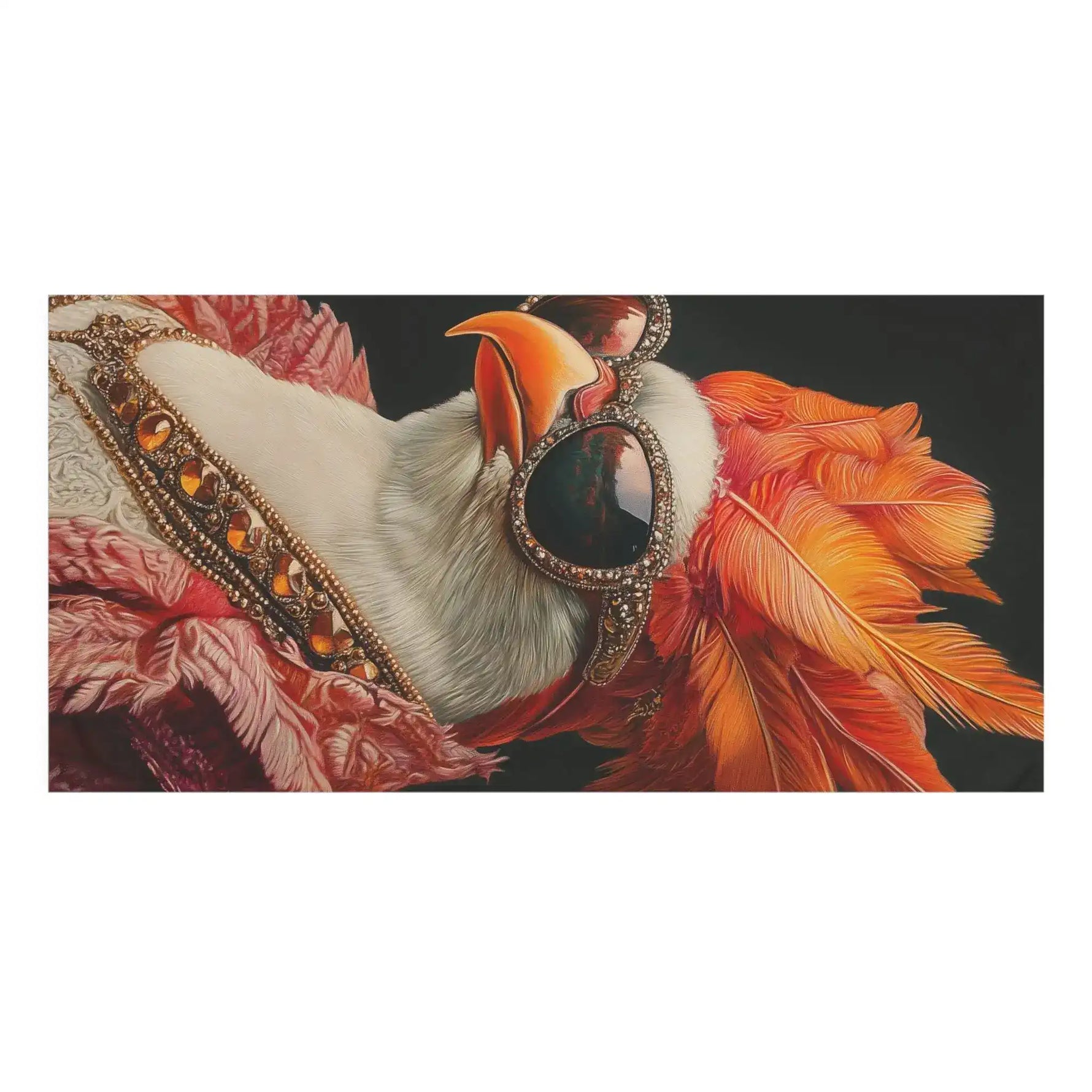 Corner of Renaissance Bird in Couture Bath Towel folded back showing grey lining with colorful abstract print and stitched edge