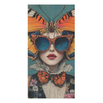 Woman with large orange tiger-stripe butterfly headpiece, leopard-print blue sunglasses, lace collar and floral jacket — Renaissance Butterfly bath towel front