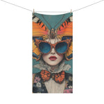 Renaissance Butterfly in Couture bath towel hanging on clothesline, full view of butterfly headpiece and floral jacket fashion print