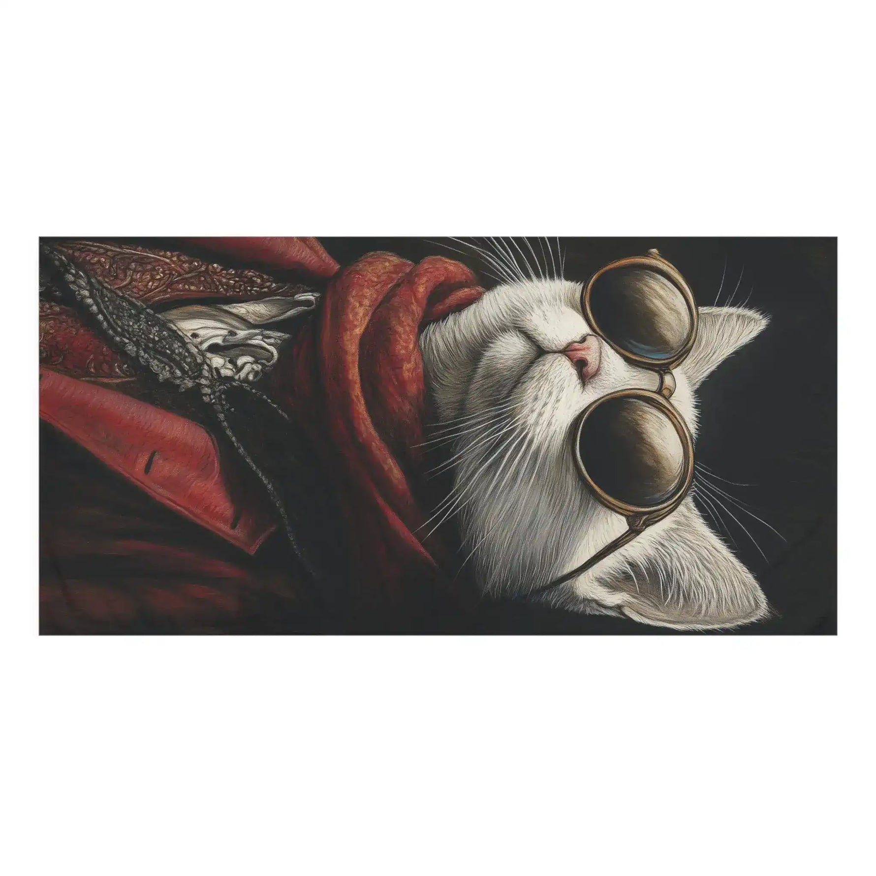 Close-up horizontal crop of white cat face with round gold sunglasses and red scarf, Renaissance Cat Bath Towel detail