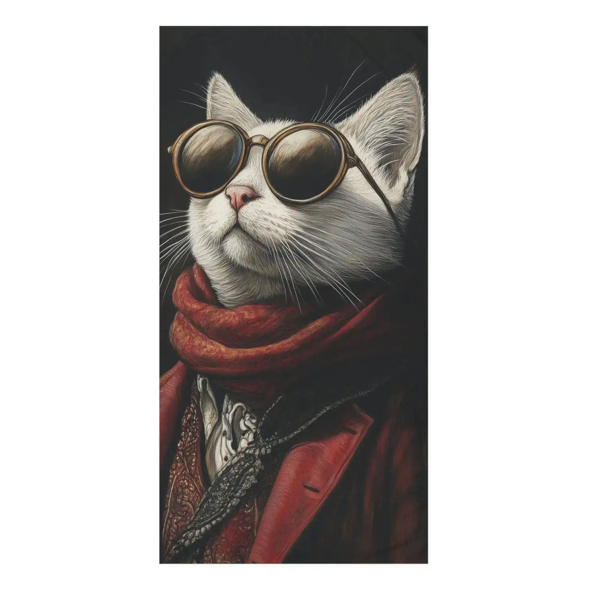 White cat in red velvet jacket, red scarf and round gold sunglasses, Renaissance Cat Bath Towel art portrait on dark background