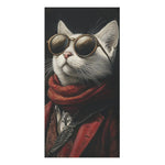 White cat in red velvet jacket, red scarf and round gold sunglasses, Renaissance Cat Bath Towel art portrait on dark background