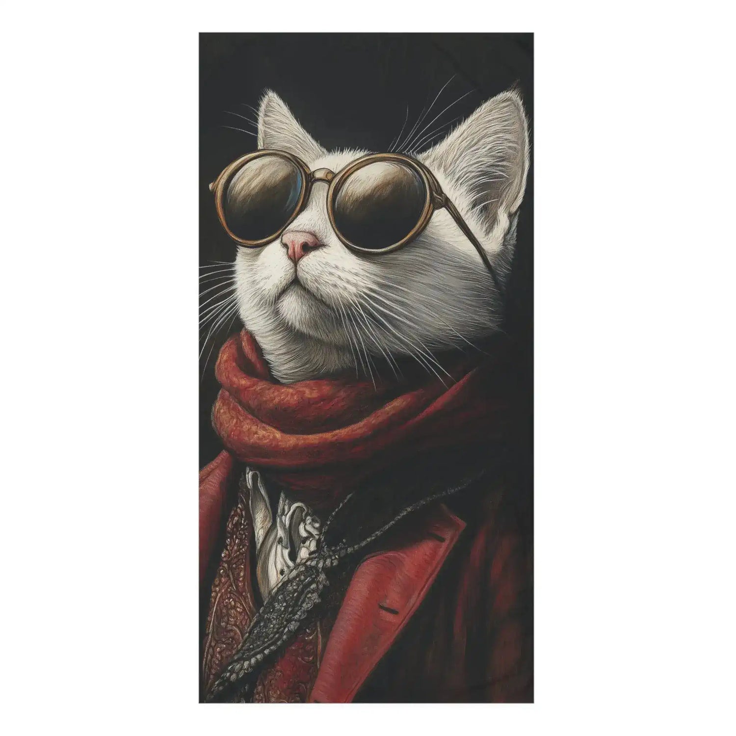 White cat in red velvet jacket, red scarf and round gold sunglasses, Renaissance Cat Bath Towel art portrait on dark background