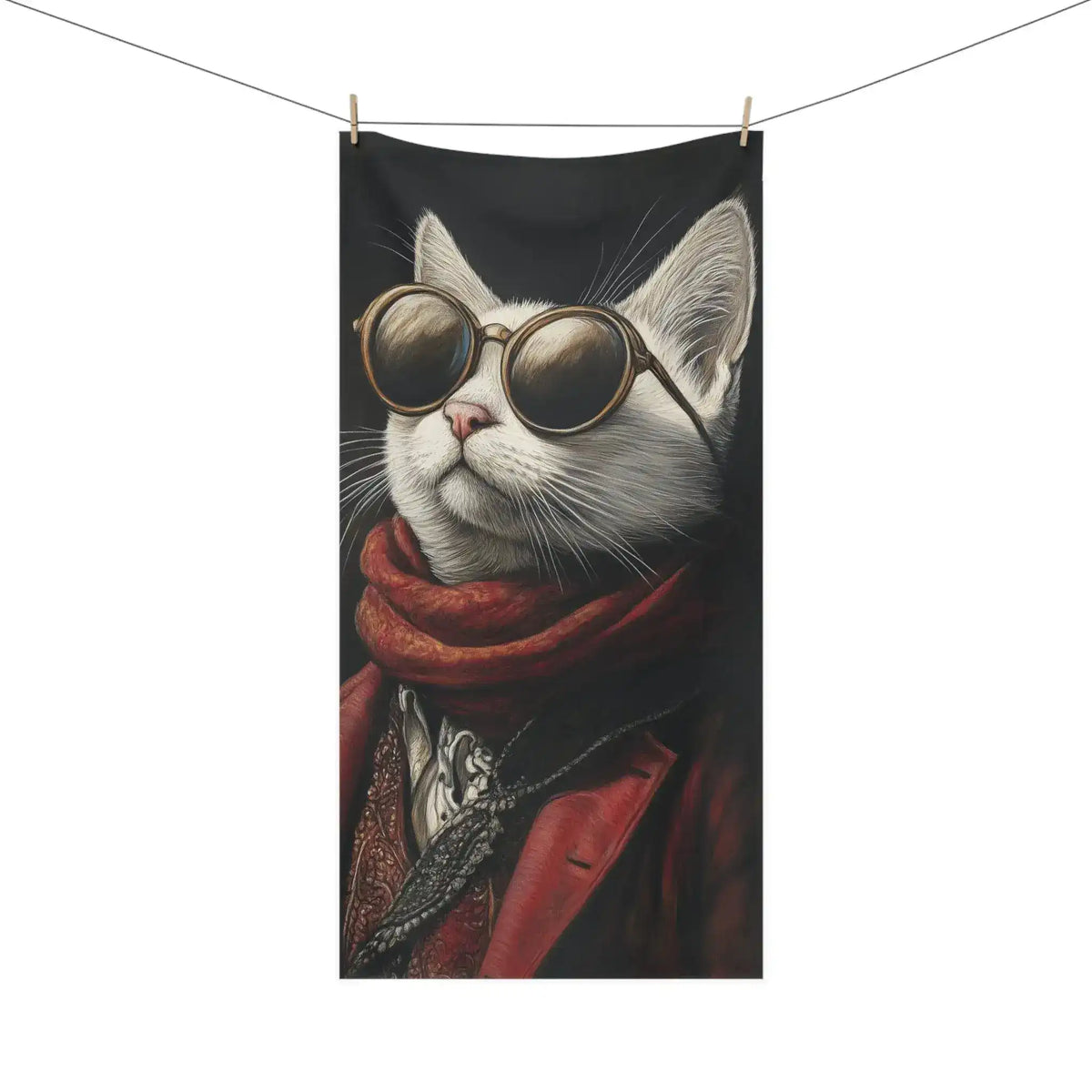 Renaissance Cat Bath Towel hanging from clothesline showing full white cat in red couture sunglasses on dark ground