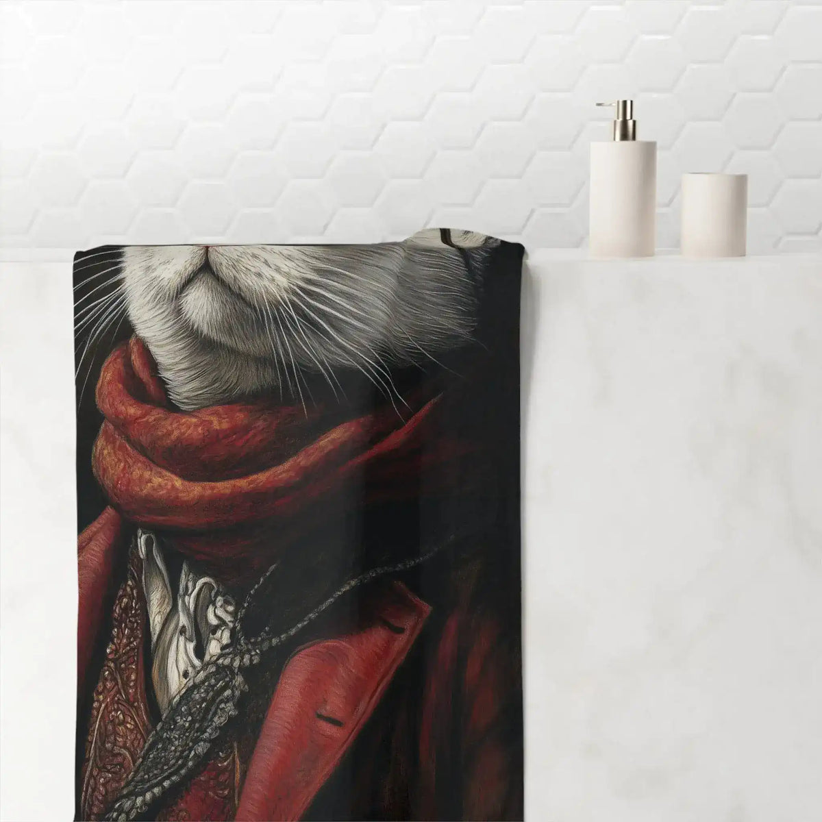 Renaissance Cat Bath Towel draped on bathroom wall showing cat in red couture close-up, soap dispenser on shelf