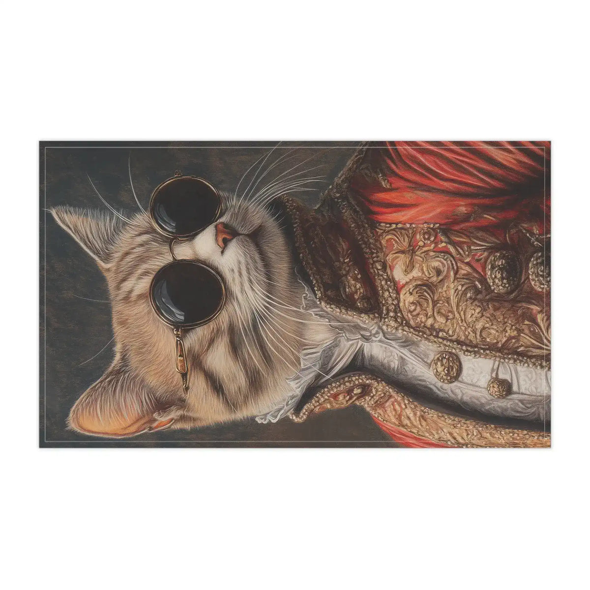 Renaissance Cat in Couture Luxury Cotton Kitchen Towel horizontal close-up, tabby cat face in steampunk sunglasses and gold-trimmed red baroque jacket on dark ground
