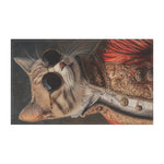 Renaissance Cat in Couture Luxury Cotton Kitchen Towel horizontal close-up, tabby cat face in steampunk sunglasses and gold-trimmed red baroque jacket on dark ground