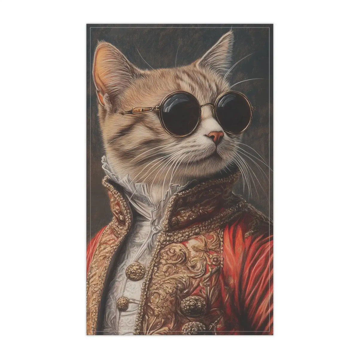 Renaissance Cat in Couture Luxury Cotton Kitchen Towel flat lay, tabby cat in round dark sunglasses, gold-trimmed red baroque embroidered jacket, white ruffled collar