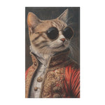 Renaissance Cat in Couture Luxury Cotton Kitchen Towel flat lay, tabby cat in round dark sunglasses, gold-trimmed red baroque embroidered jacket, white ruffled collar