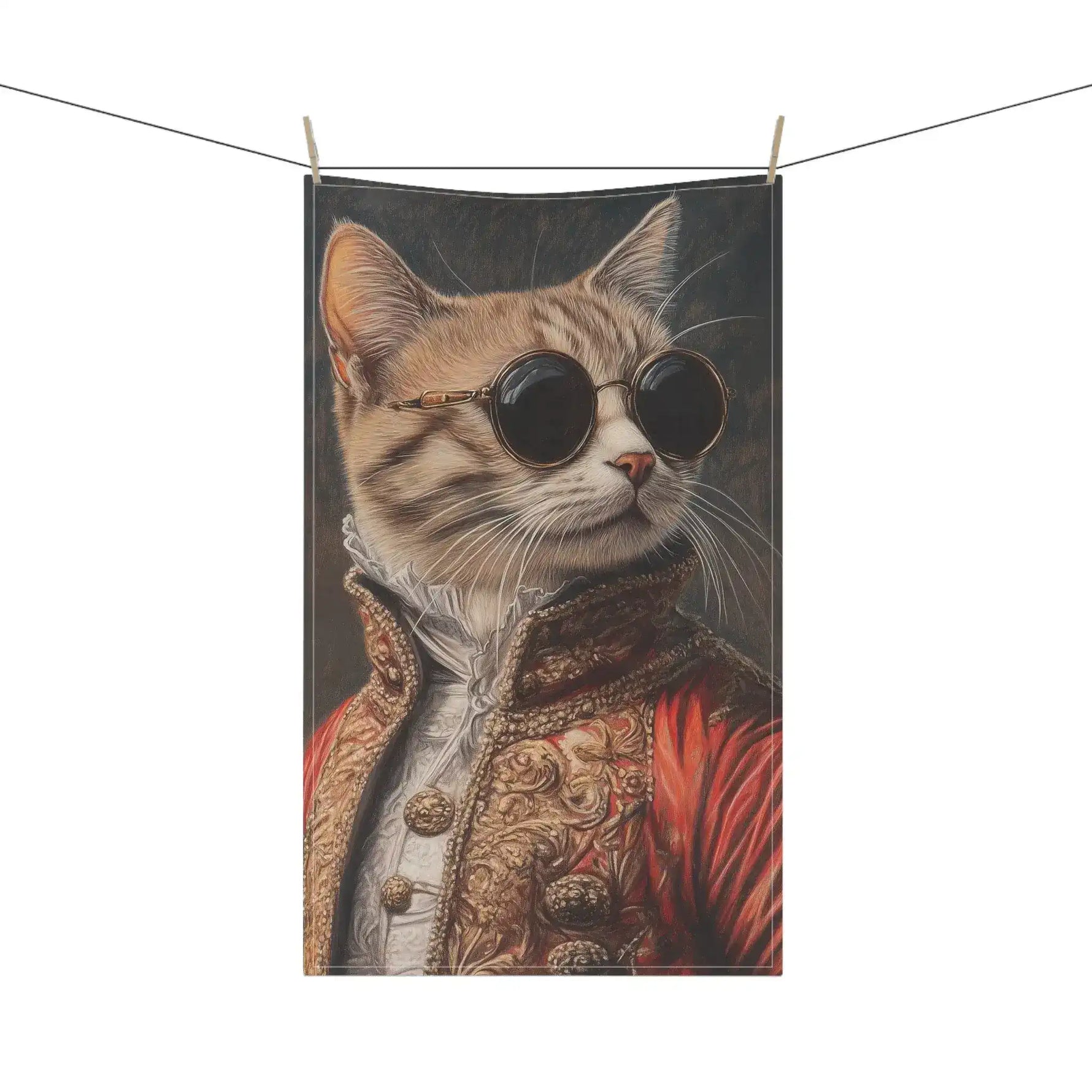Renaissance Cat in Couture Luxury Cotton Kitchen Towel styled as pillow cover, cranes on teal moon-lit scene, Japanese-inspired art on square cushion