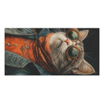 Renaissance Cat in Couture with Orange Scarf and Sunglasses Bath Towel corner fold detail, orange blooms on dark ground with grey backing