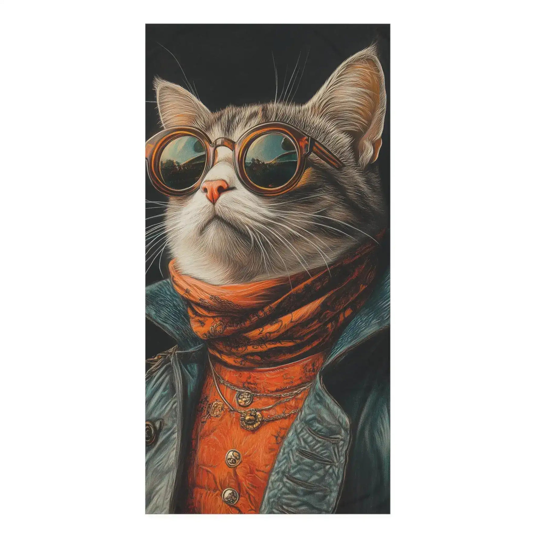Renaissance Cat in Couture with Orange Scarf and Sunglasses Bath Towel flat lay, dark navy with symmetrical orange-blue botanical pattern