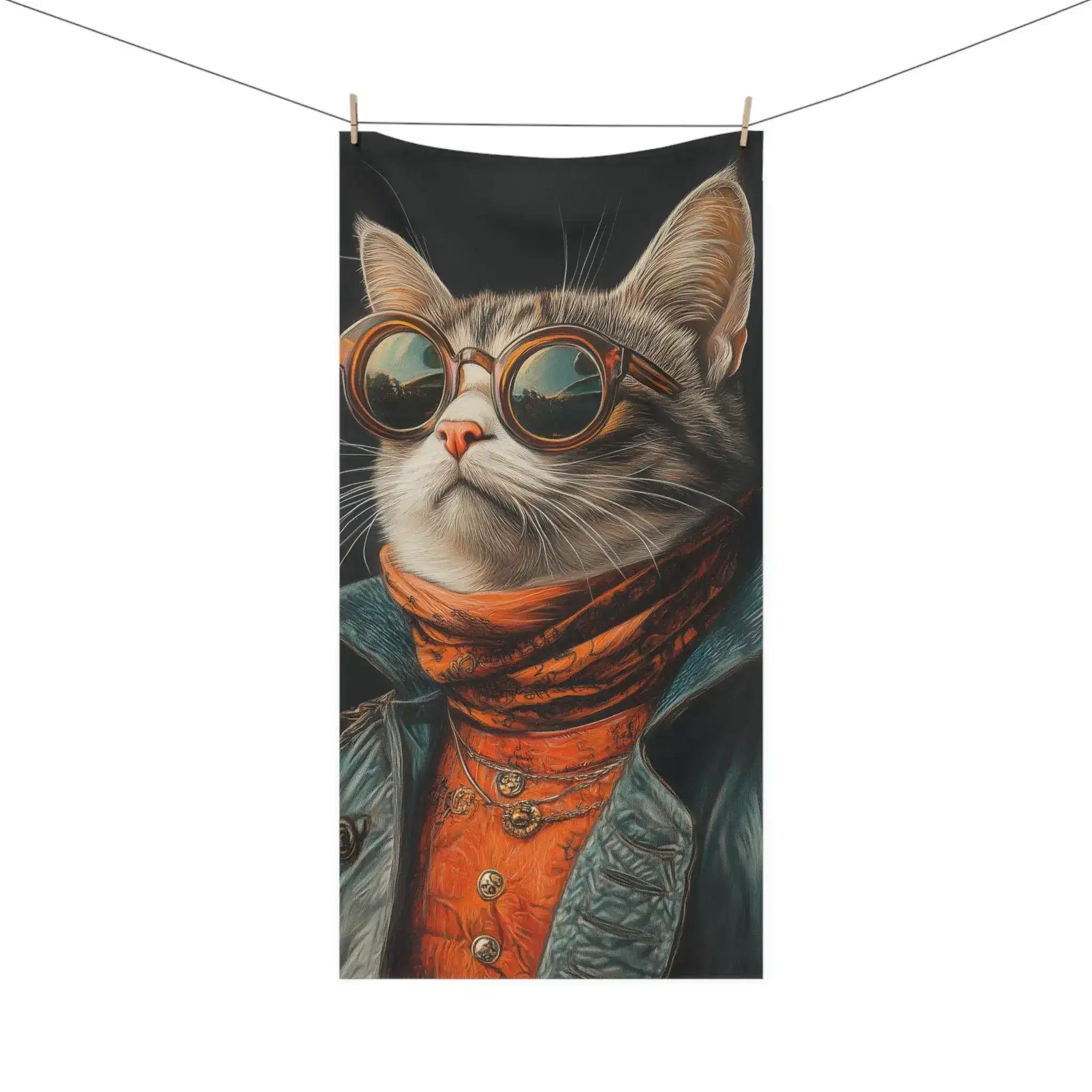 Renaissance Cat in Couture with Orange Scarf and Sunglasses Bath Towel flat lay, majestic lion in fur coat and iridescent sunglasses