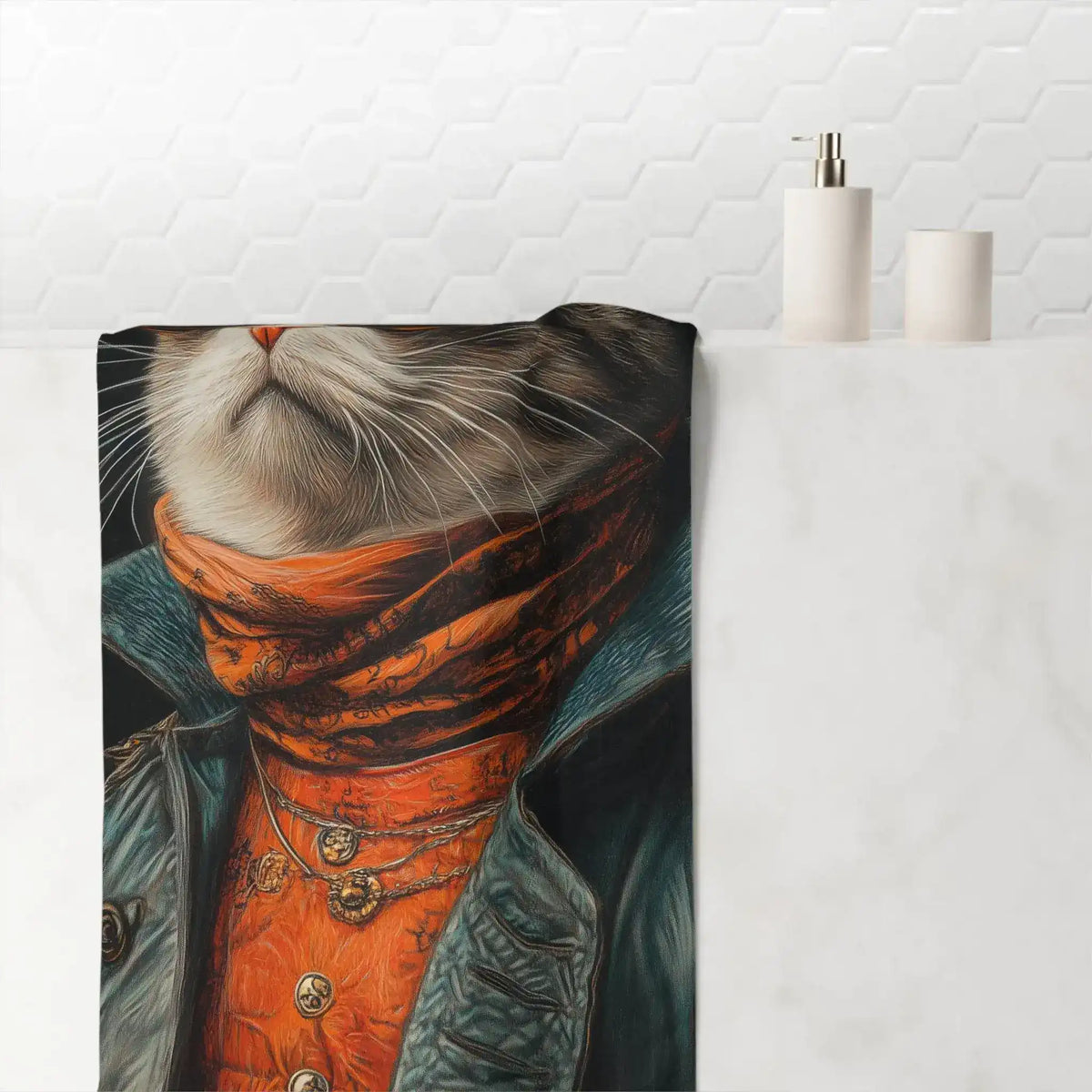 Renaissance Cat in Couture with Orange Scarf and Sunglasses Bath Towel on bathroom wall, cat in orange scarf and layered chain necklace