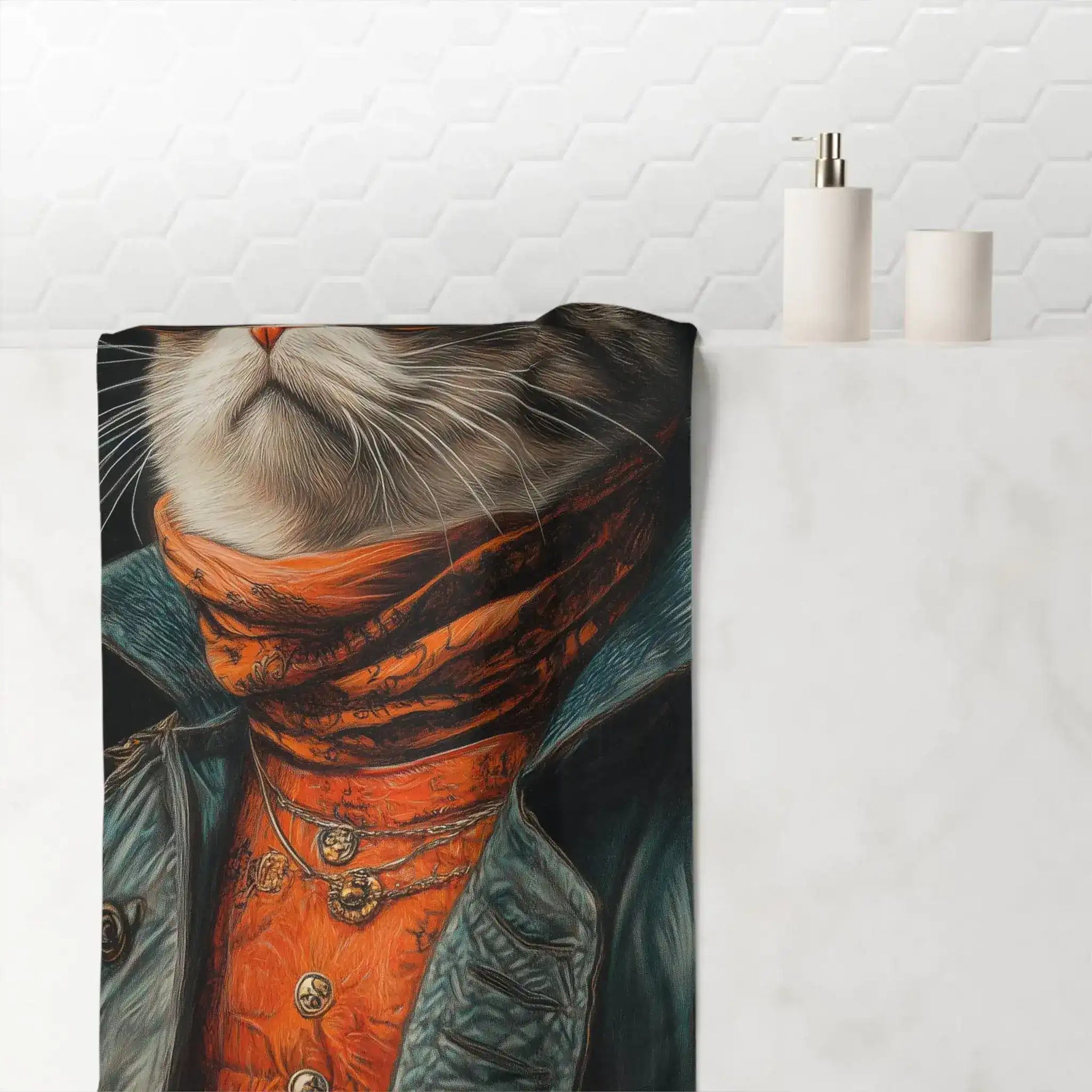 Renaissance Cat in Couture with Orange Scarf and Sunglasses Bath Towel on bathroom wall, cat in orange scarf and layered chain necklace