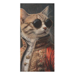 Bath towel with portrait of cat in red gold baroque coat and round sunglasses Renaissance style dark background