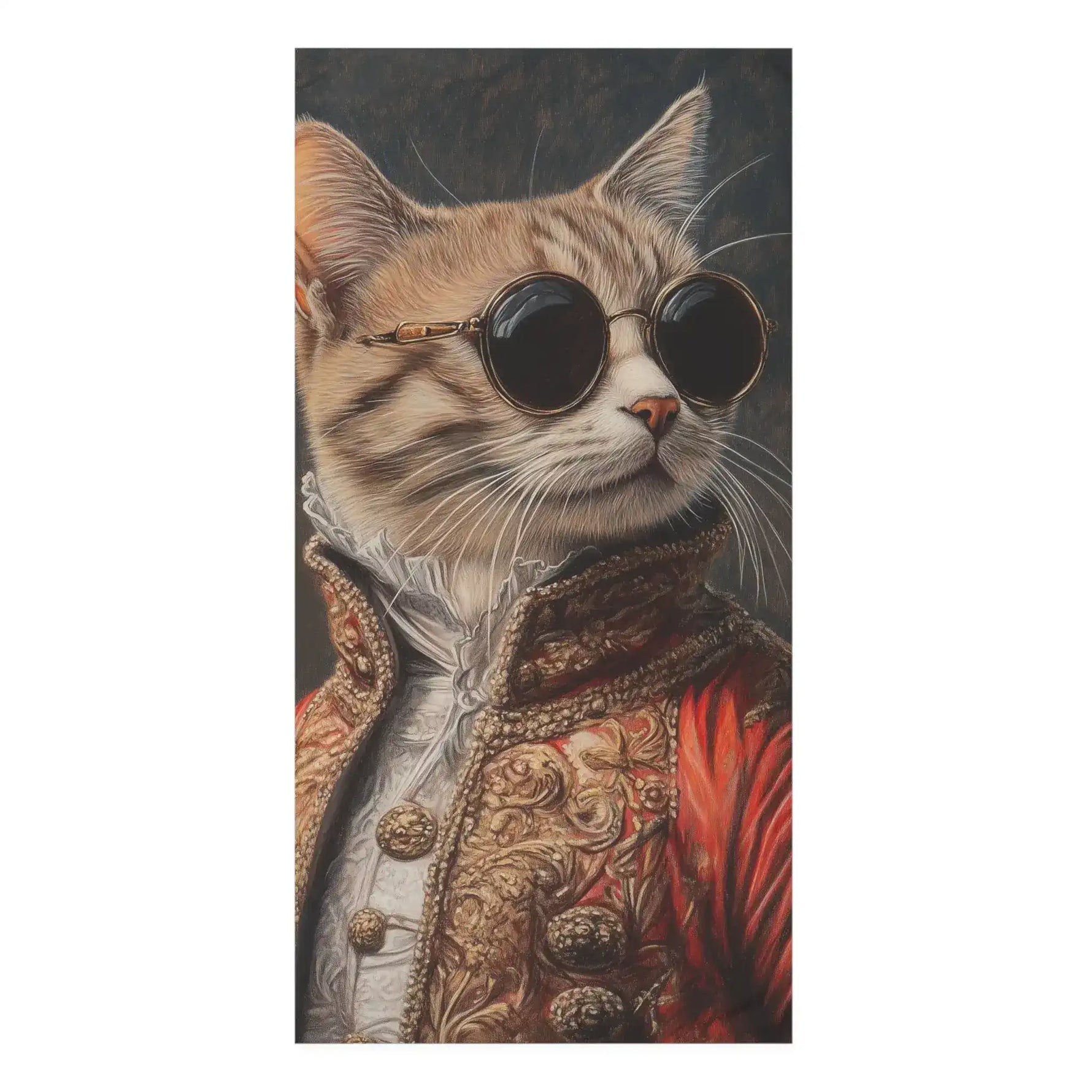 Bath towel with portrait of cat in red gold baroque coat and round sunglasses Renaissance style dark background
