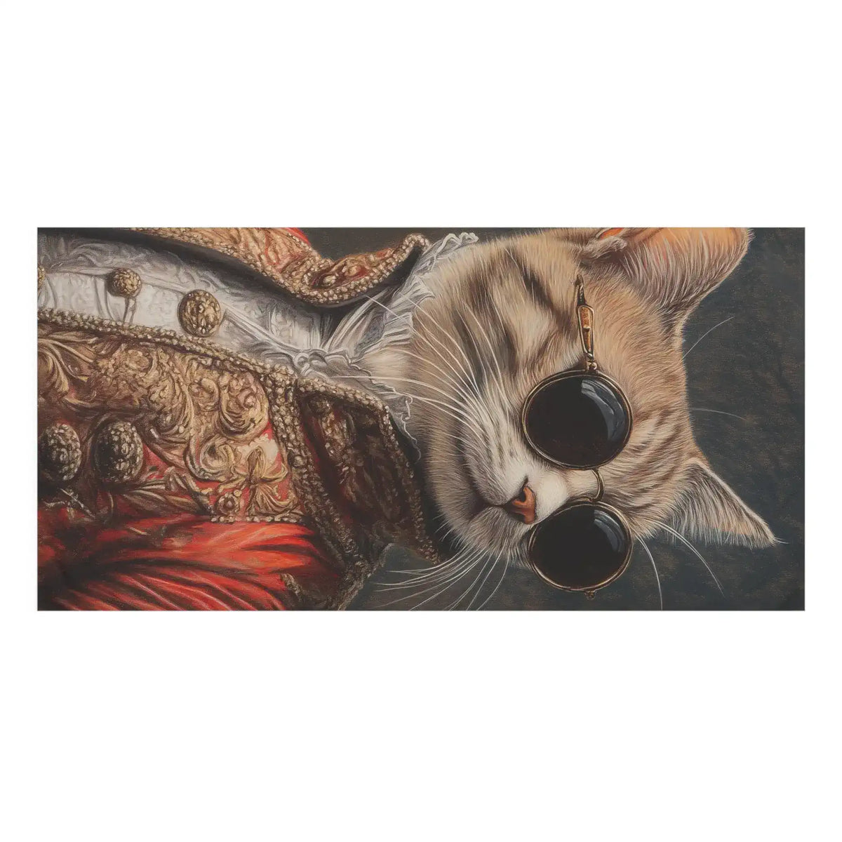 Close crop detail bath towel cat face with round sunglasses baroque gold embroidered coat collar