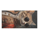 Close crop detail bath towel cat face with round sunglasses baroque gold embroidered coat collar