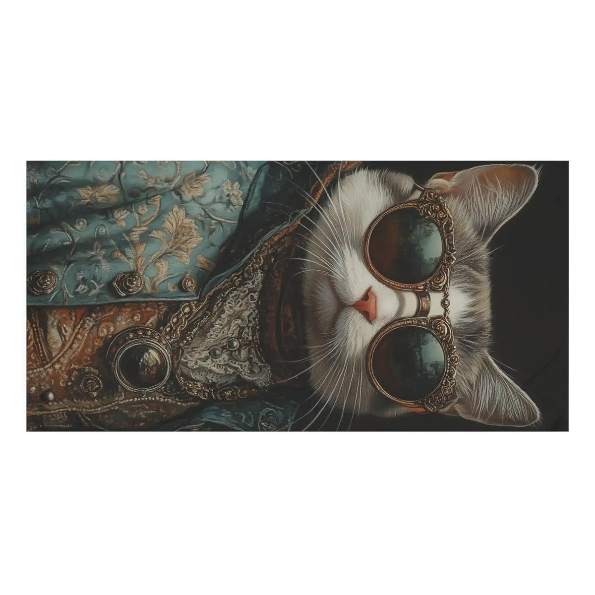 Landscape close-up detail of renaissance cat in couture sunglasses bath towel showing ornate gold frames and teal brocade coat
