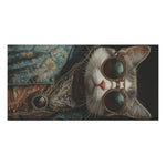 Landscape close-up detail of renaissance cat in couture sunglasses bath towel showing ornate gold frames and teal brocade coat
