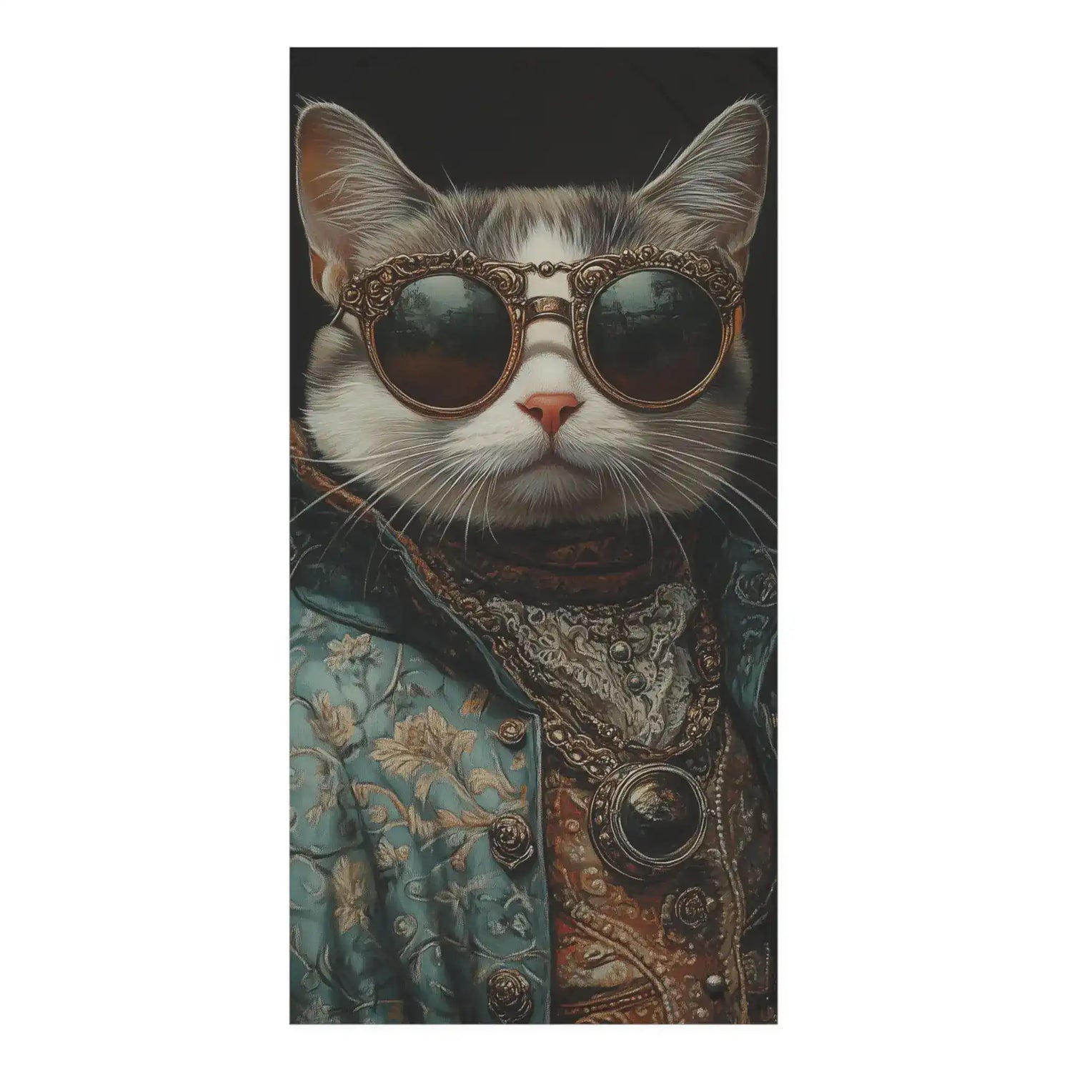 Bath towel with baroque portrait of tabby cat wearing ornate gold-framed round sunglasses and teal floral brocade jacket, dark background