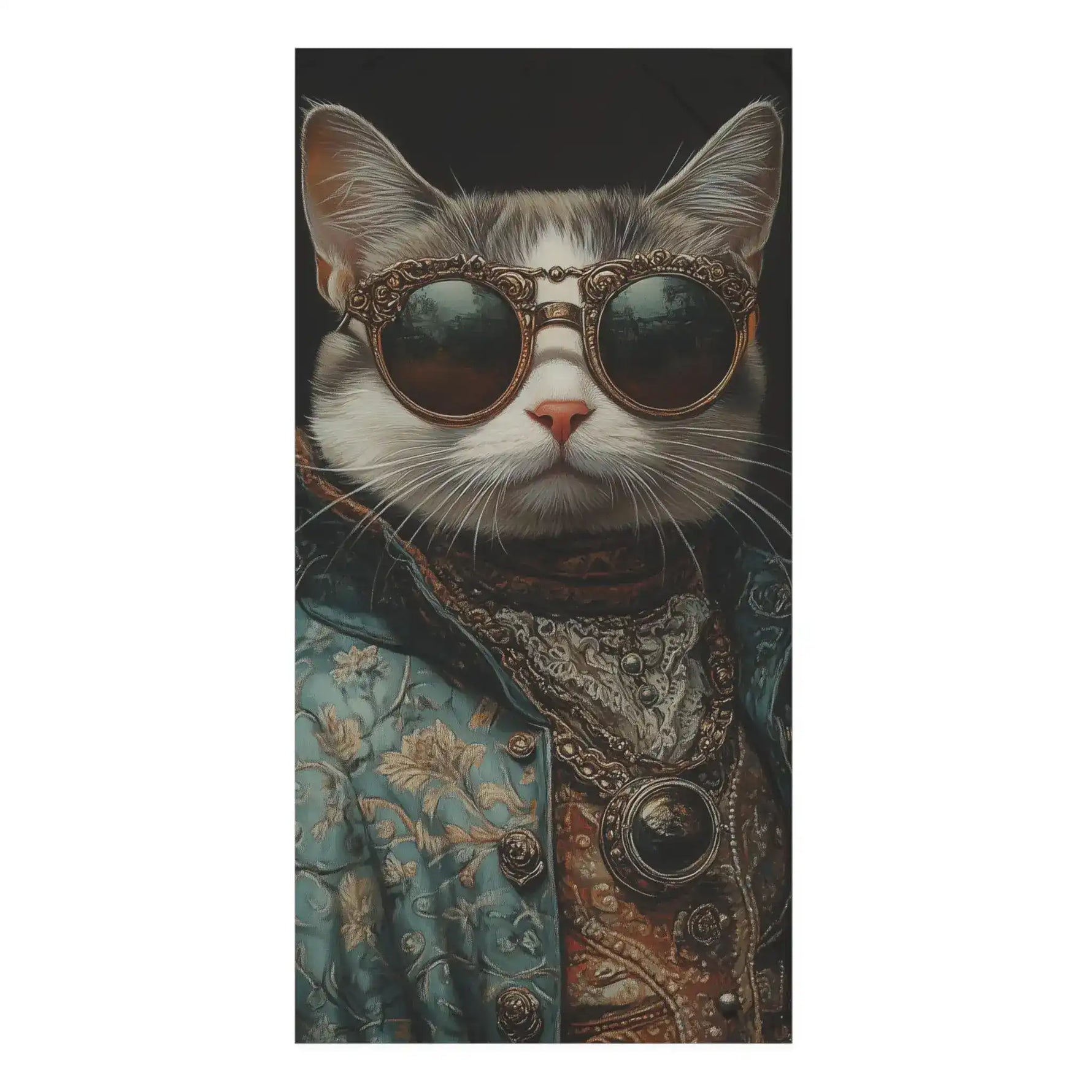 Bath towel with baroque portrait of tabby cat wearing ornate gold-framed round sunglasses and teal floral brocade jacket, dark background
