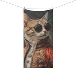 Renaissance Cat in Couture with Sunglasses bath towel full portrait baroque coat hanging on clothesline