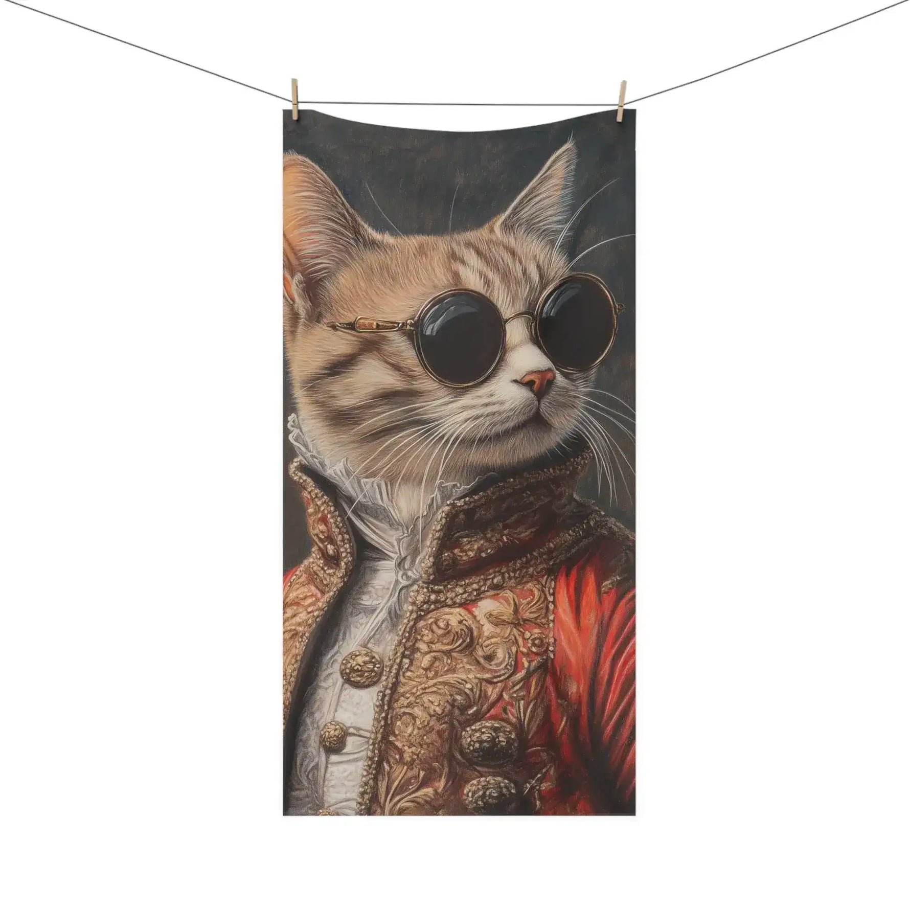 Renaissance Cat in Couture with Sunglasses bath towel full portrait baroque coat hanging on clothesline