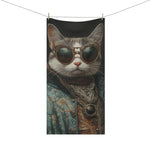 Renaissance cat in couture sunglasses bath towel hanging from clothesline with clothespin on white background