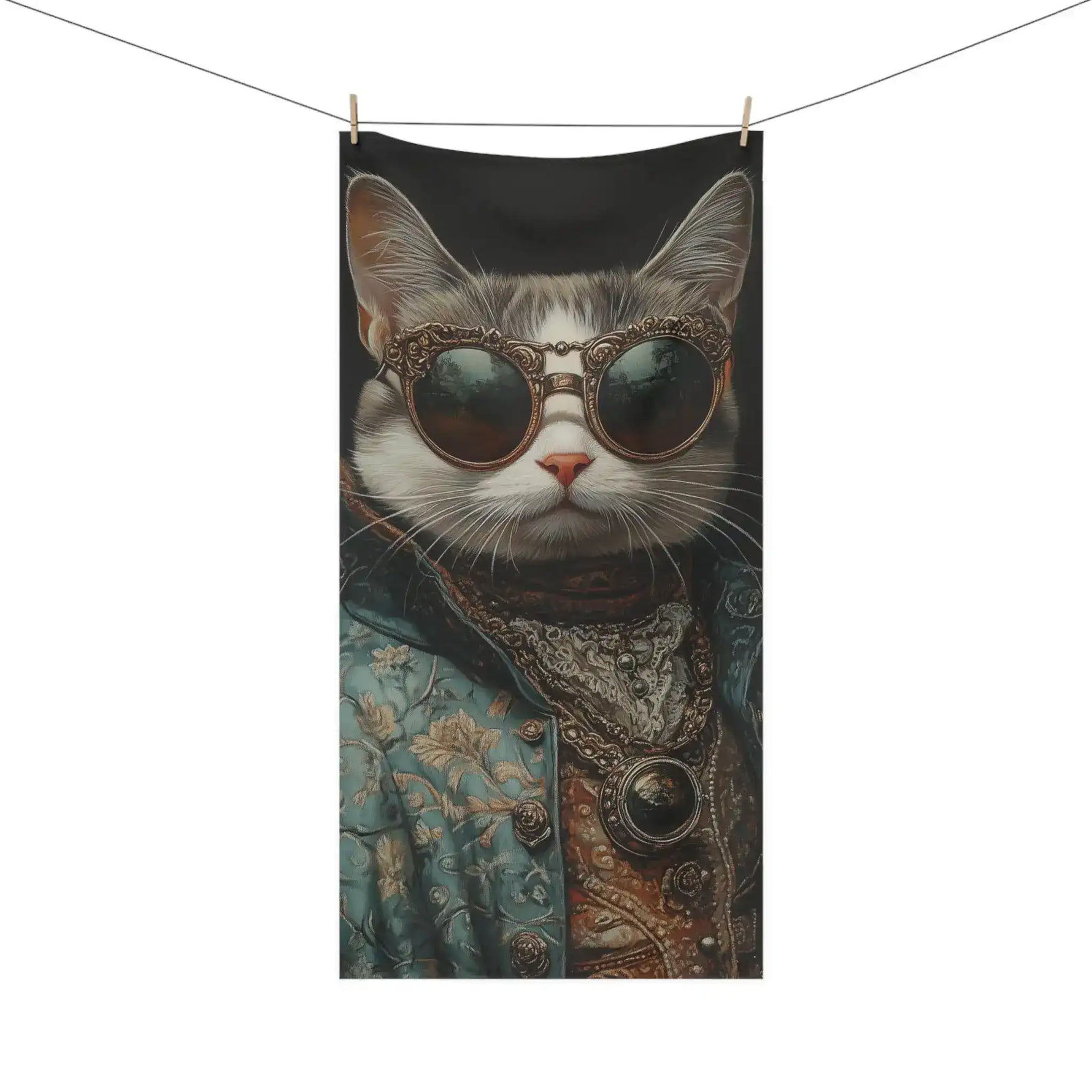 Renaissance cat in couture sunglasses bath towel hanging from clothesline with clothespin on white background