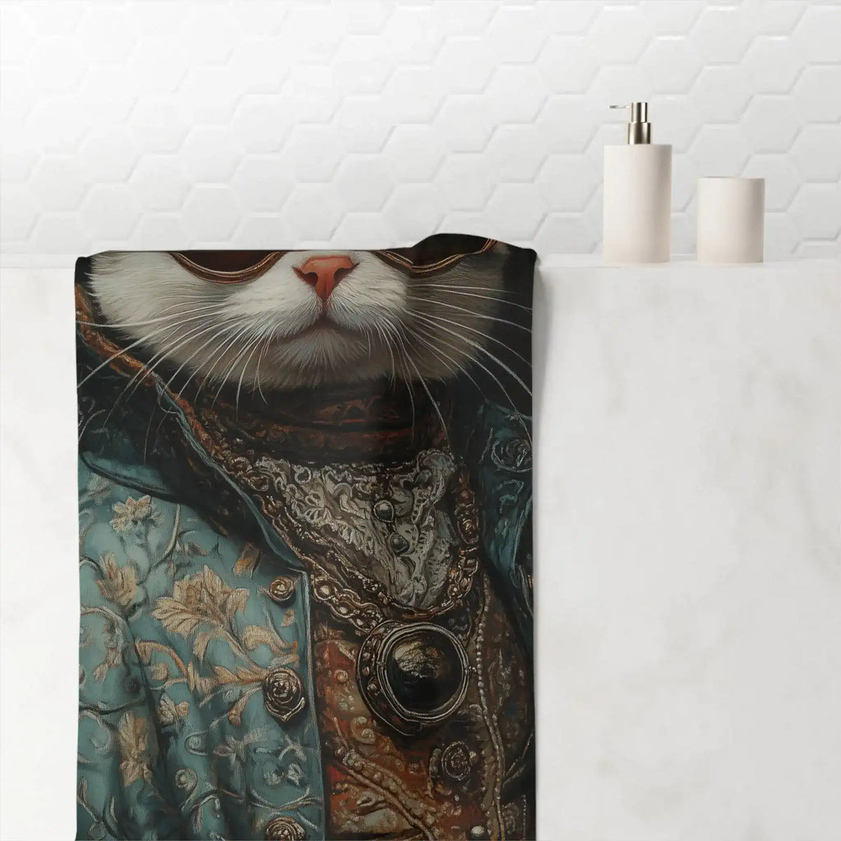 Renaissance cat in couture sunglasses bath towel draped on marble bathroom surface with white soap dispenser