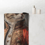 Bath towel Renaissance cat in baroque red embroidered coat and sunglasses draped in white tiled bathroom