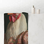 Dark profile silhouette on golden background with pink and teal abstract painted hands inside colorful patchwork at neck — Bath Towel canvas art print