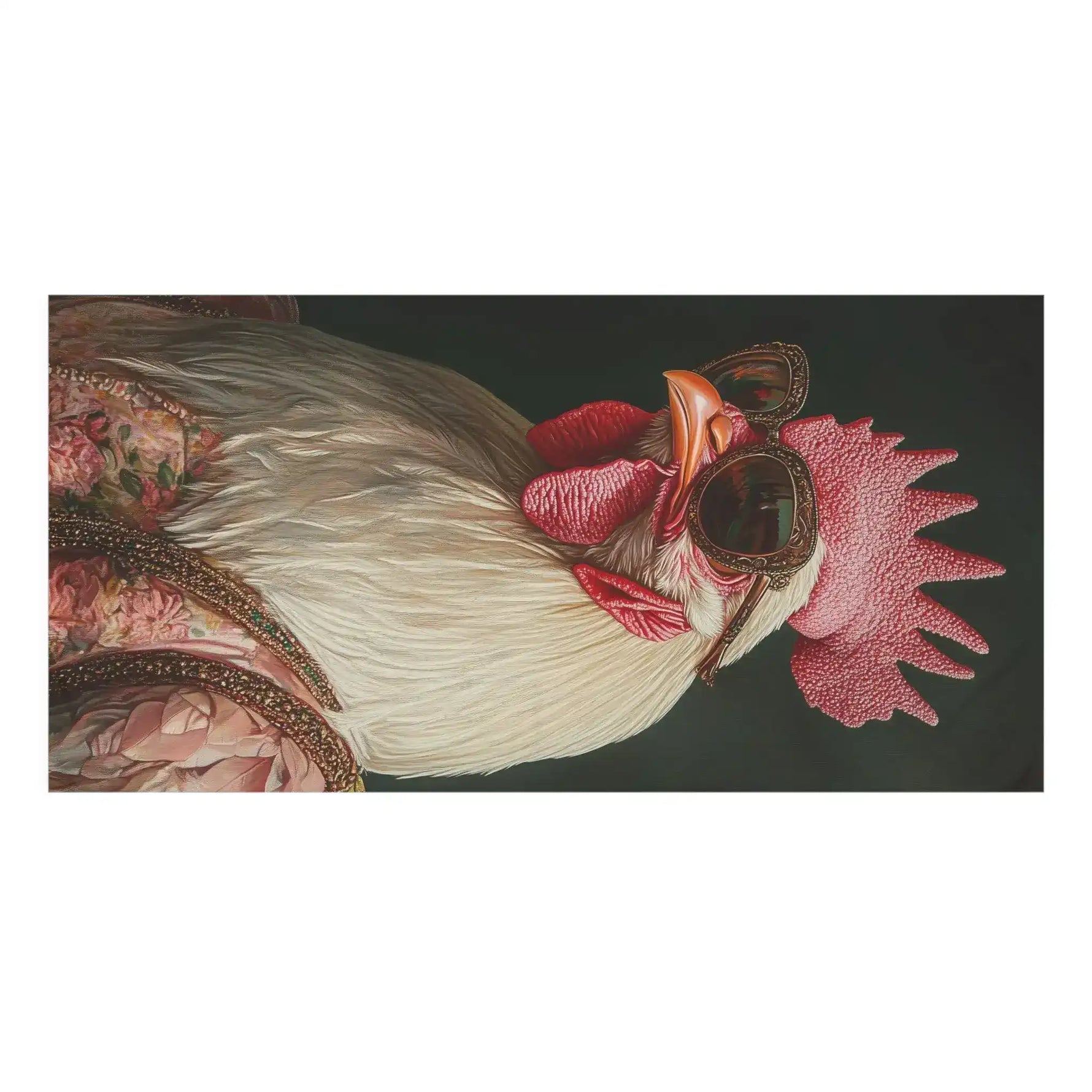 Close side view of white chicken with pink comb wearing sunglasses and floral embroidered gown — Renaissance Chicken in Couture with Sunglasses Bath Towel detail