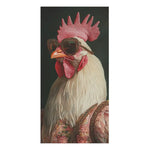White chicken with pink comb and jeweled sunglasses in a floral embroidered robe on dark background — Renaissance Chicken in Couture with Sunglasses Bath Towel art print