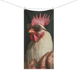 Renaissance Chicken in Couture with Sunglasses Bath Towel hung on clothesline white chicken in floral embroidered robe on dark background