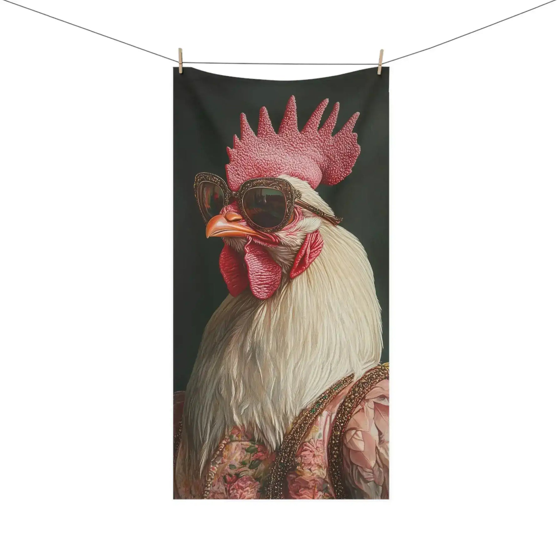 Renaissance Chicken in Couture with Sunglasses Bath Towel hung on clothesline white chicken in floral embroidered robe on dark background