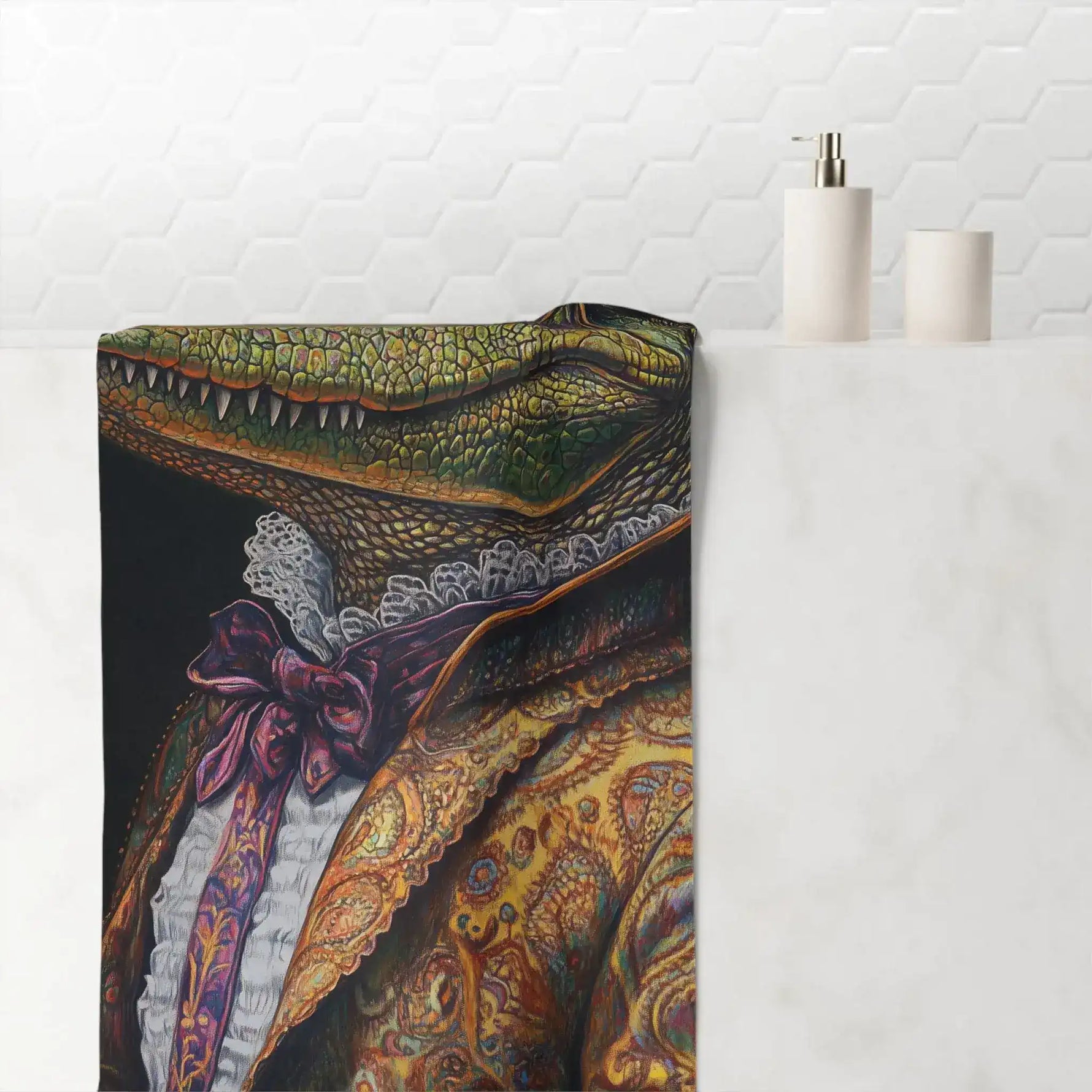 Renaissance Crocodile Bath Towel folded showing crocodile in ornate couture print on marble bathroom counter with soap dispensers