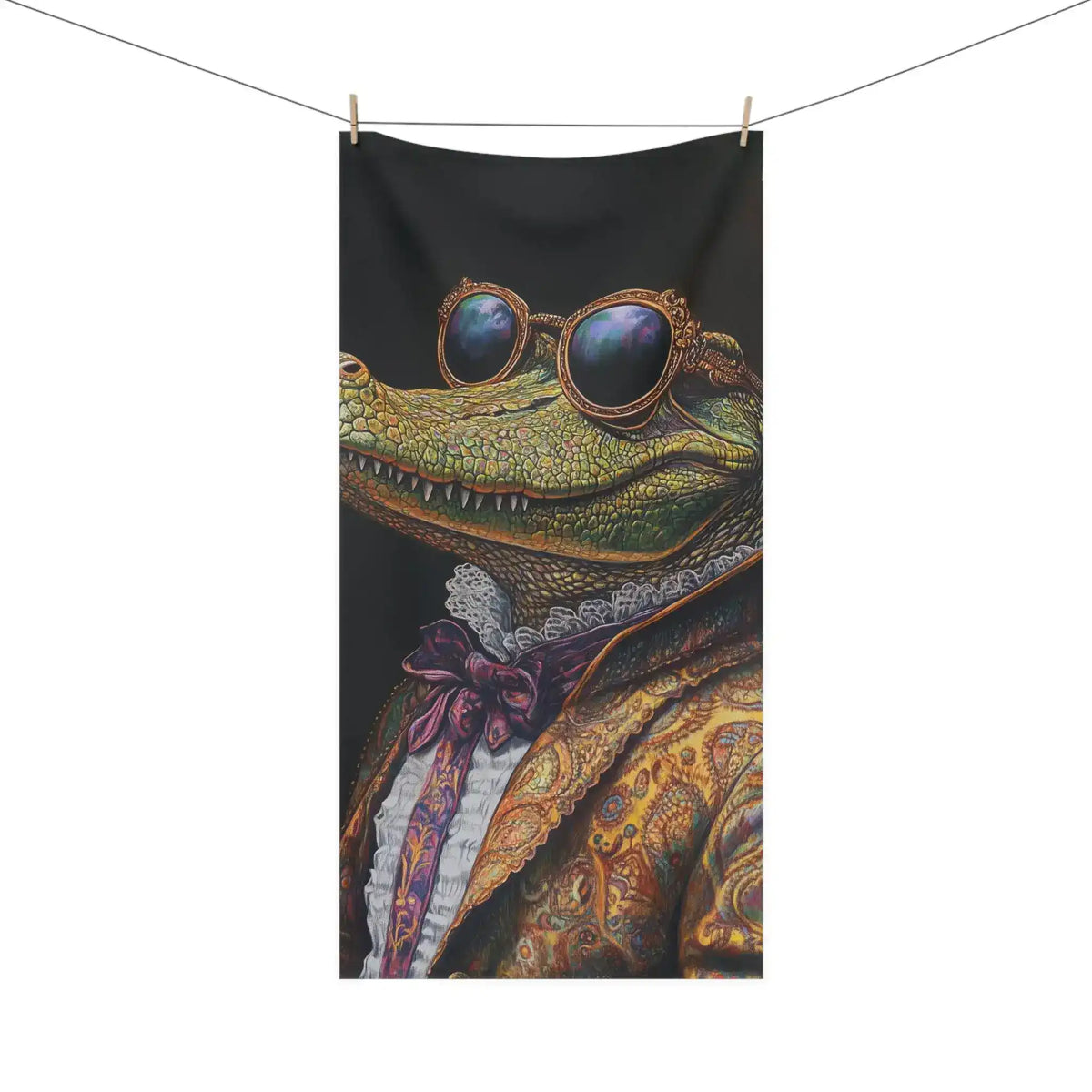 Renaissance Crocodile Bath Towel hung on clothesline full view crocodile in baroque sunglasses and gold jacket dark background
