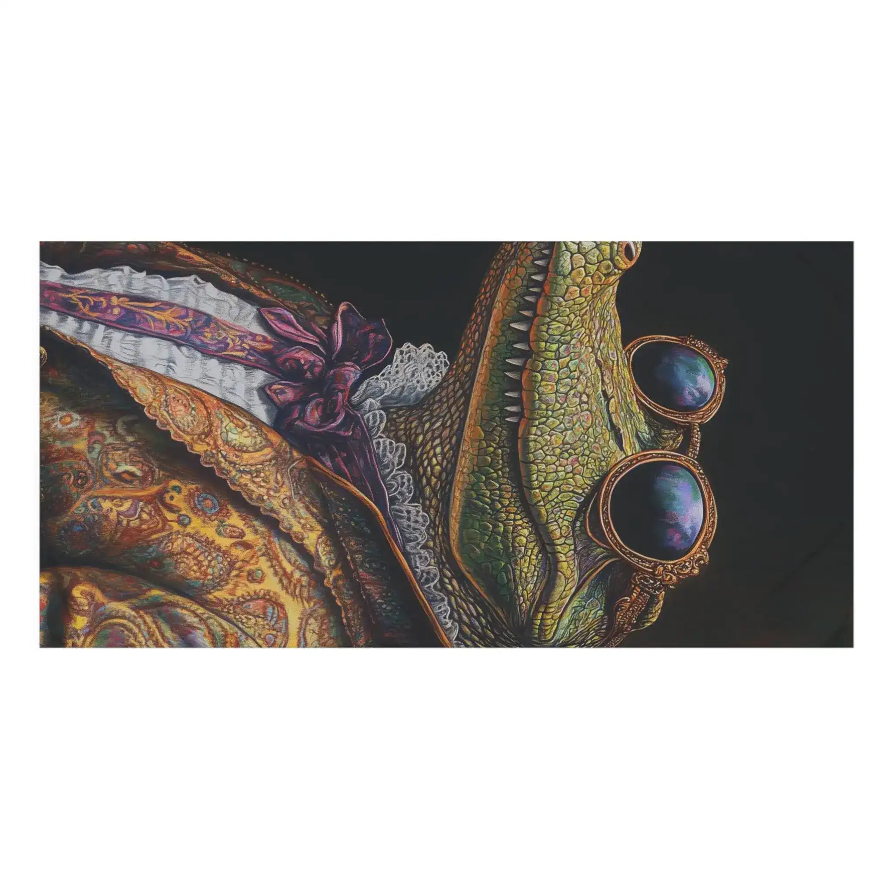 Close-up detail of crocodile in gold paisley coat lace collar sunglasses tilted pose Renaissance Crocodile Bath Towel artwork