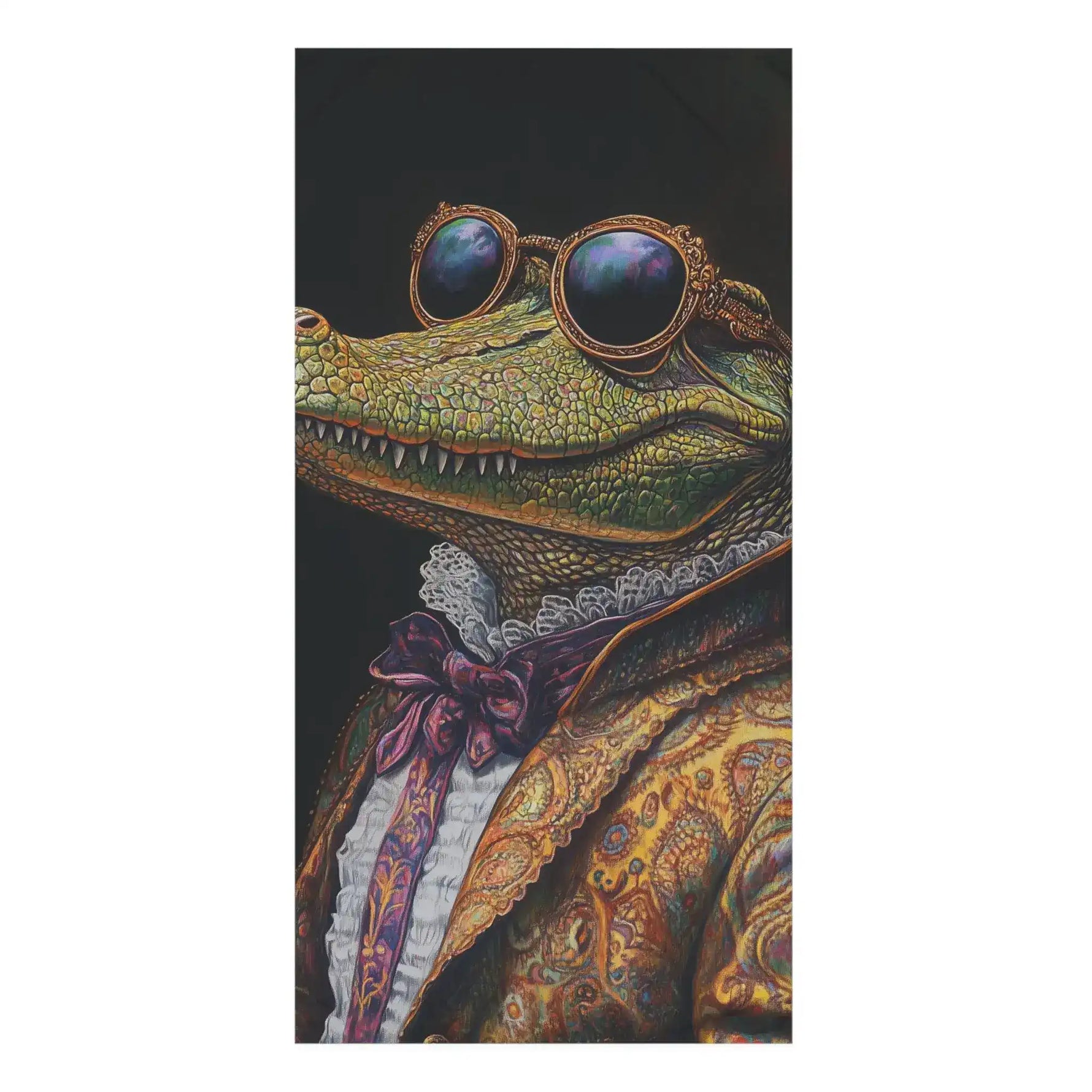 Crocodile in gold paisley baroque jacket lace cravat and round dark sunglasses Renaissance Crocodile Bath Towel front print