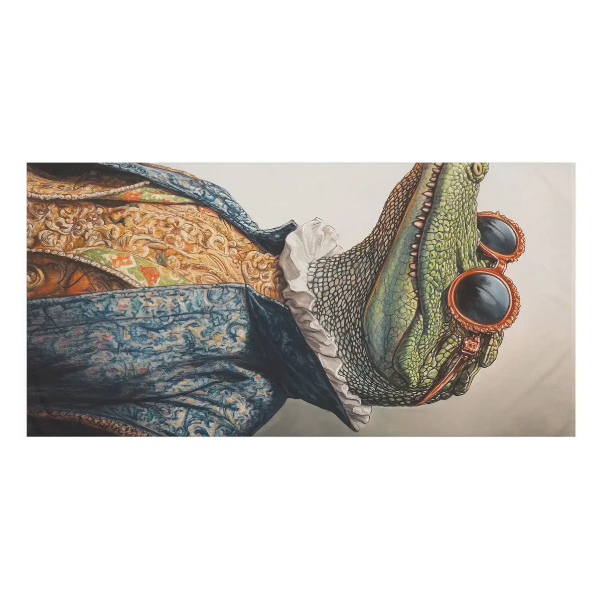 Horizontal close-up of crocodile snout with orange-framed sunglasses and blue brocade coat, Stylish Renaissance Crocodile Bath Towel detail