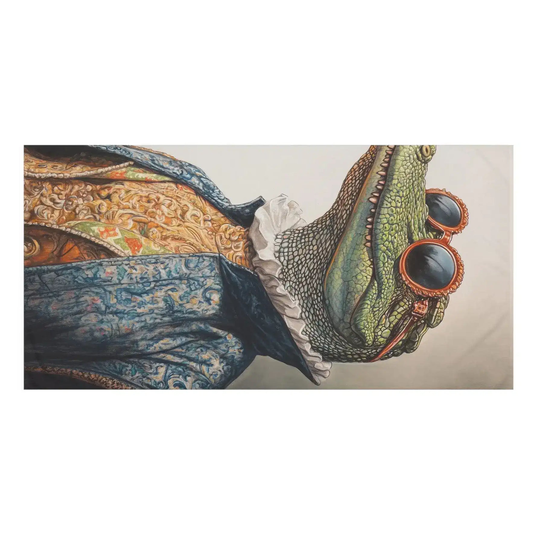 Horizontal close-up of crocodile snout with orange-framed sunglasses and blue brocade coat, Stylish Renaissance Crocodile Bath Towel detail