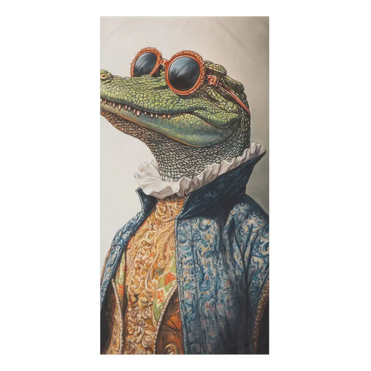 Green crocodile in blue brocade Renaissance coat with white ruffled collar and orange round sunglasses, Stylish Renaissance Crocodile Bath Towel front art